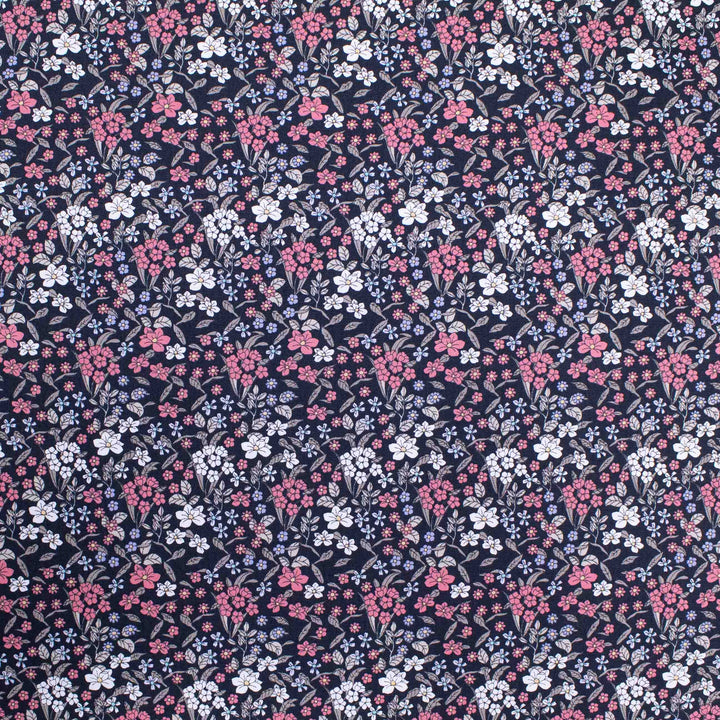 Japanese Cotton Poplin - Busy Floral Coral + Periwinkle on Black