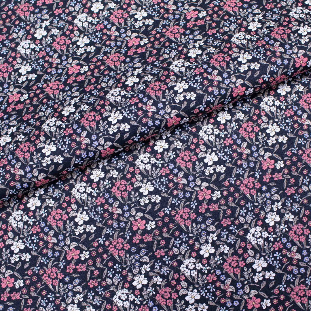 Japanese Cotton Poplin - Busy Floral Coral + Periwinkle on Black