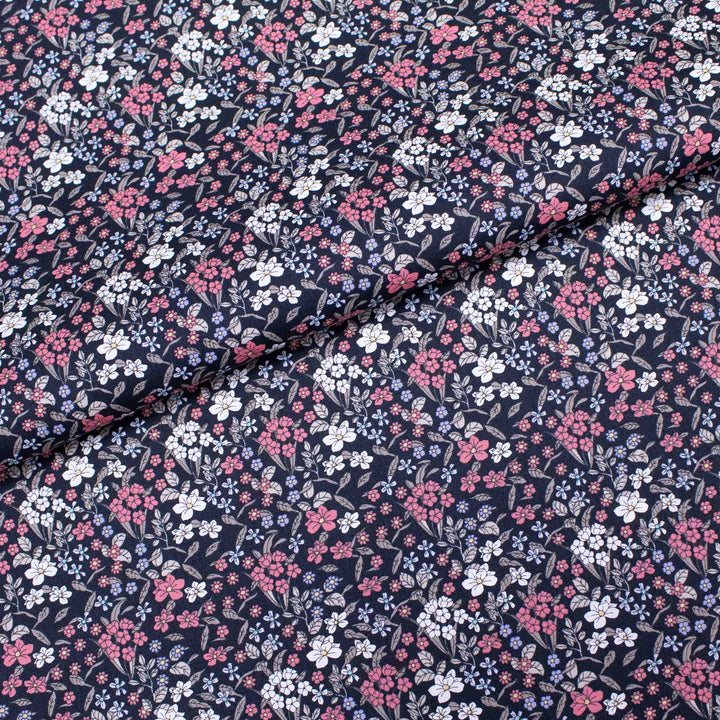 Japanese Cotton Poplin - Busy Floral Coral + Periwinkle on Black