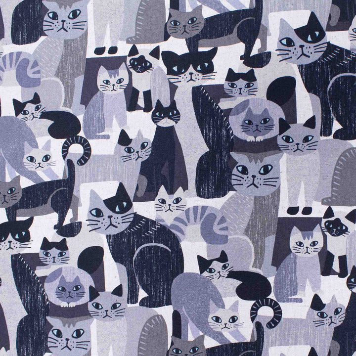 Japanese Cotton/Linen Canvas - Blocky Cats in Black and Neutrals