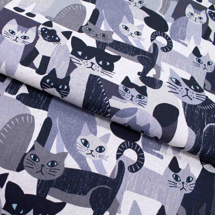Japanese Cotton/Linen Canvas - Blocky Cats in Black and Neutrals
