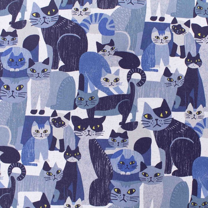 Japanese Cotton/Linen Canvas - Blocky Cats in Navy and Blue