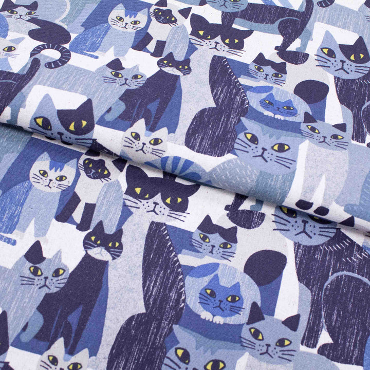 Japanese Cotton/Linen Canvas - Blocky Cats in Navy and Blue