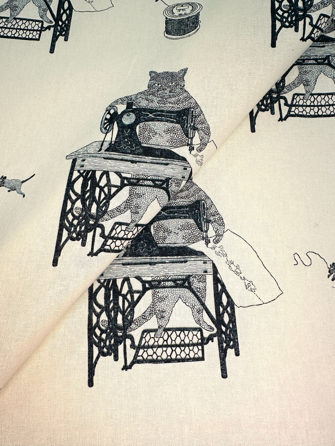 Japanese Lightweight Canvas - Cat with Sewing Machine