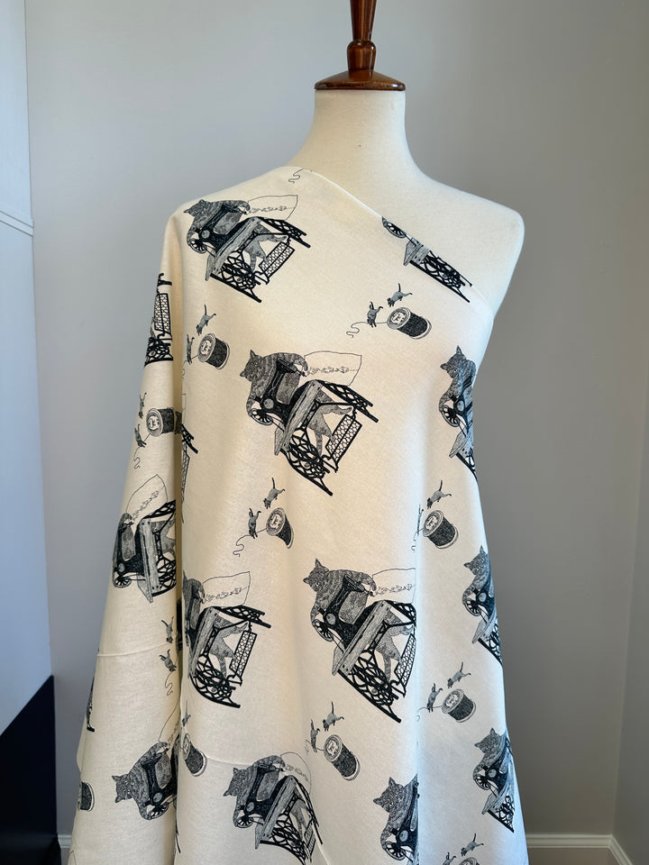 Japanese Lightweight Canvas - Cat with Sewing Machine