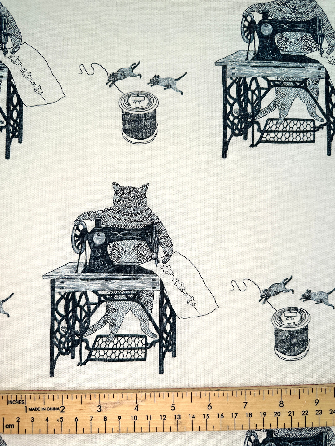 Japanese Lightweight Canvas - Cat with Sewing Machine