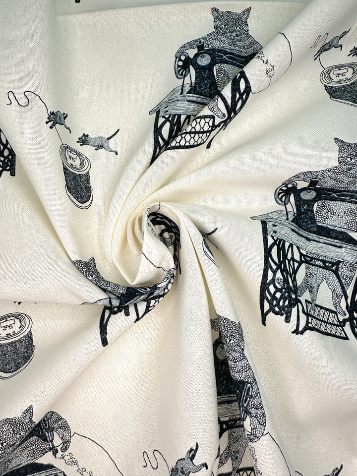 Japanese Lightweight Canvas - Cat with Sewing Machine