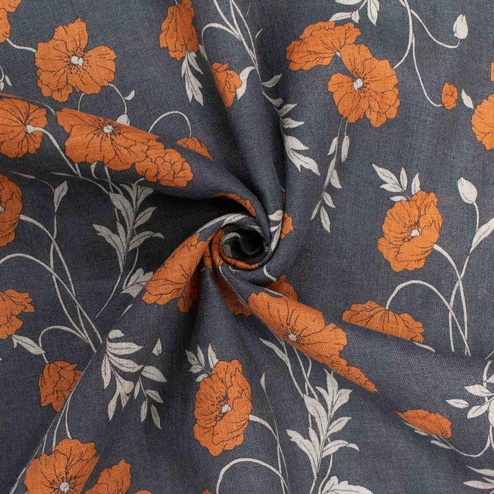 Linen Print - Japanese Poppies in Charcoal Gray