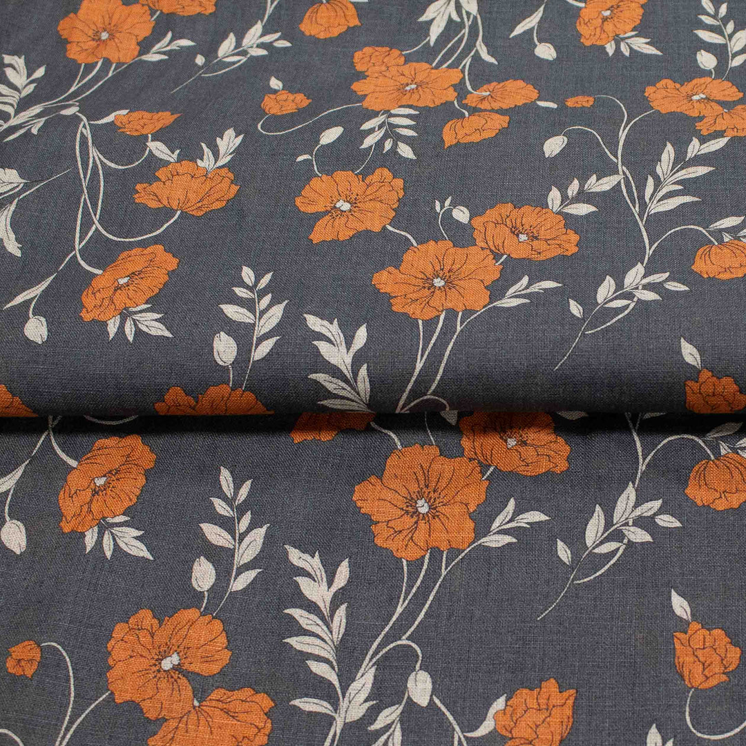 Linen Print - Japanese Poppies in Charcoal Gray