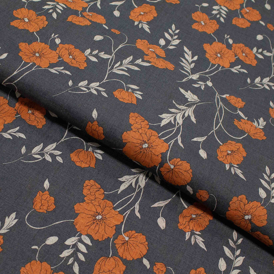 Linen Print - Japanese Poppies in Charcoal Gray