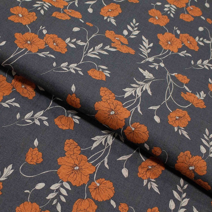 Linen Print - Japanese Poppies in Charcoal Gray