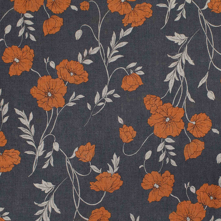 Linen Print - Japanese Poppies in Charcoal Gray