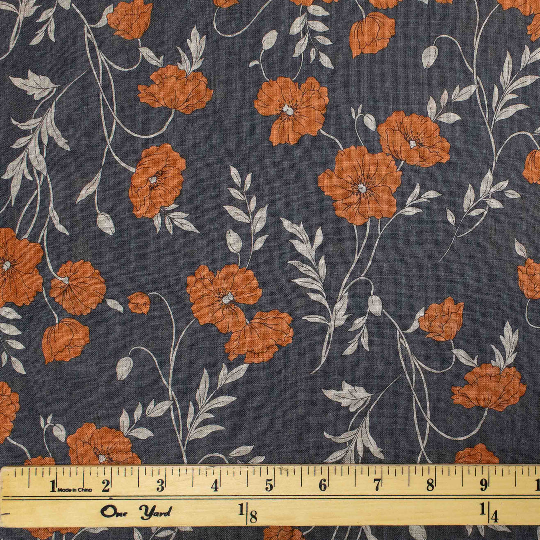 Linen Print - Japanese Poppies in Charcoal Gray