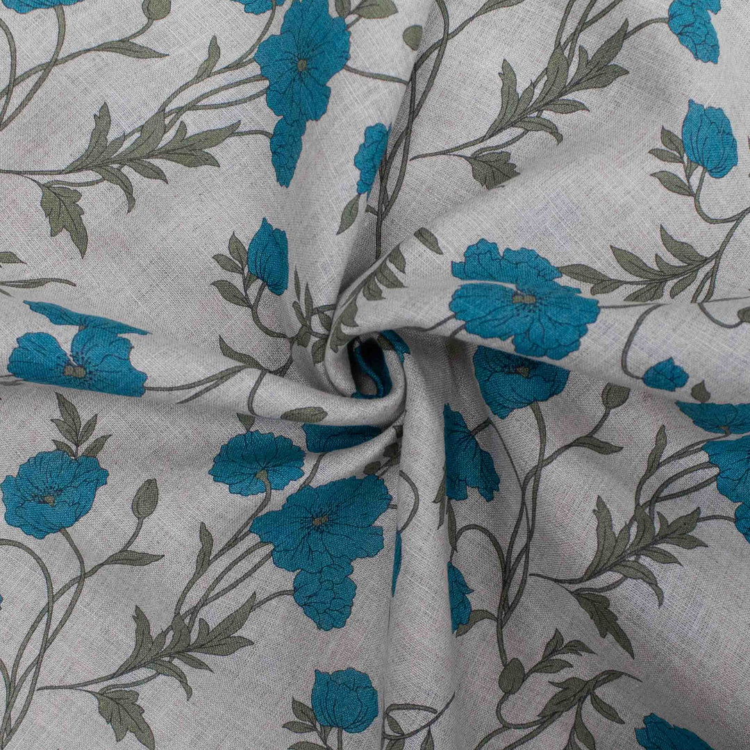 Linen Print - Japanese Poppies in Teal and Sand