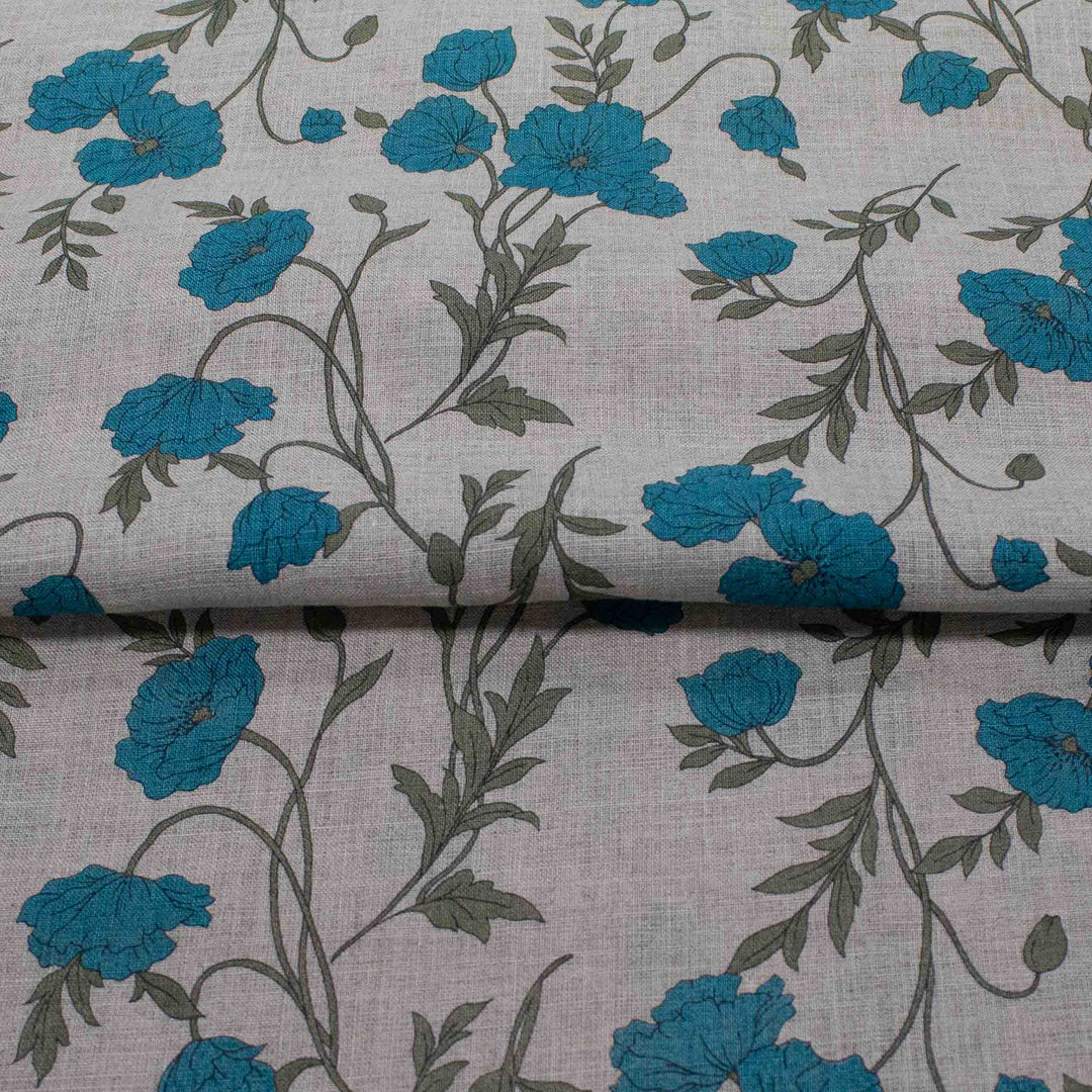 Linen Print - Japanese Poppies in Teal and Sand