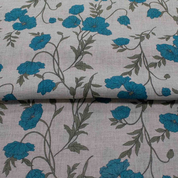 Linen Print - Japanese Poppies in Teal and Sand