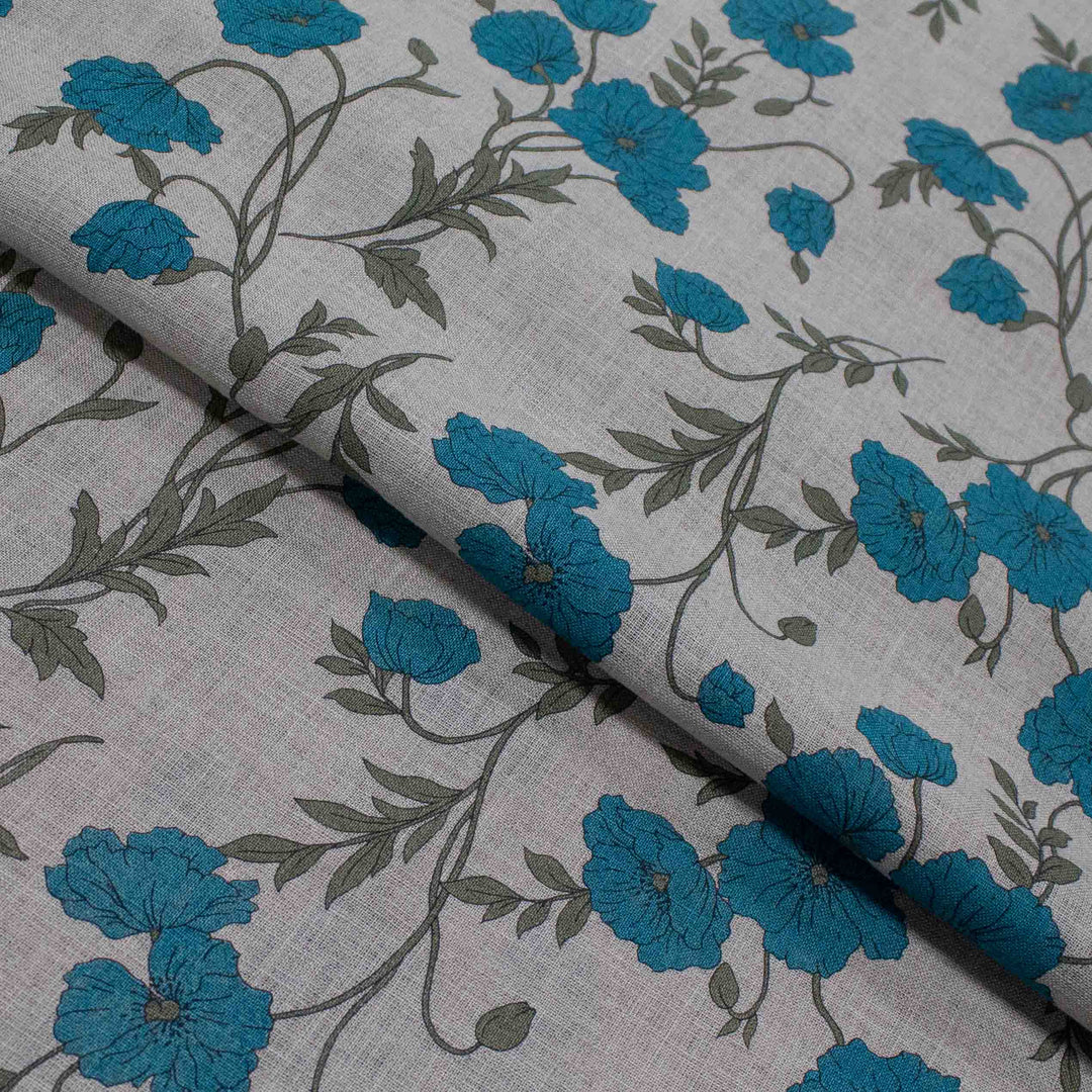 Linen Print - Japanese Poppies in Teal and Sand