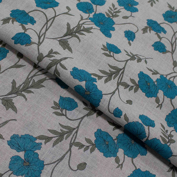 Linen Print - Japanese Poppies in Teal and Sand