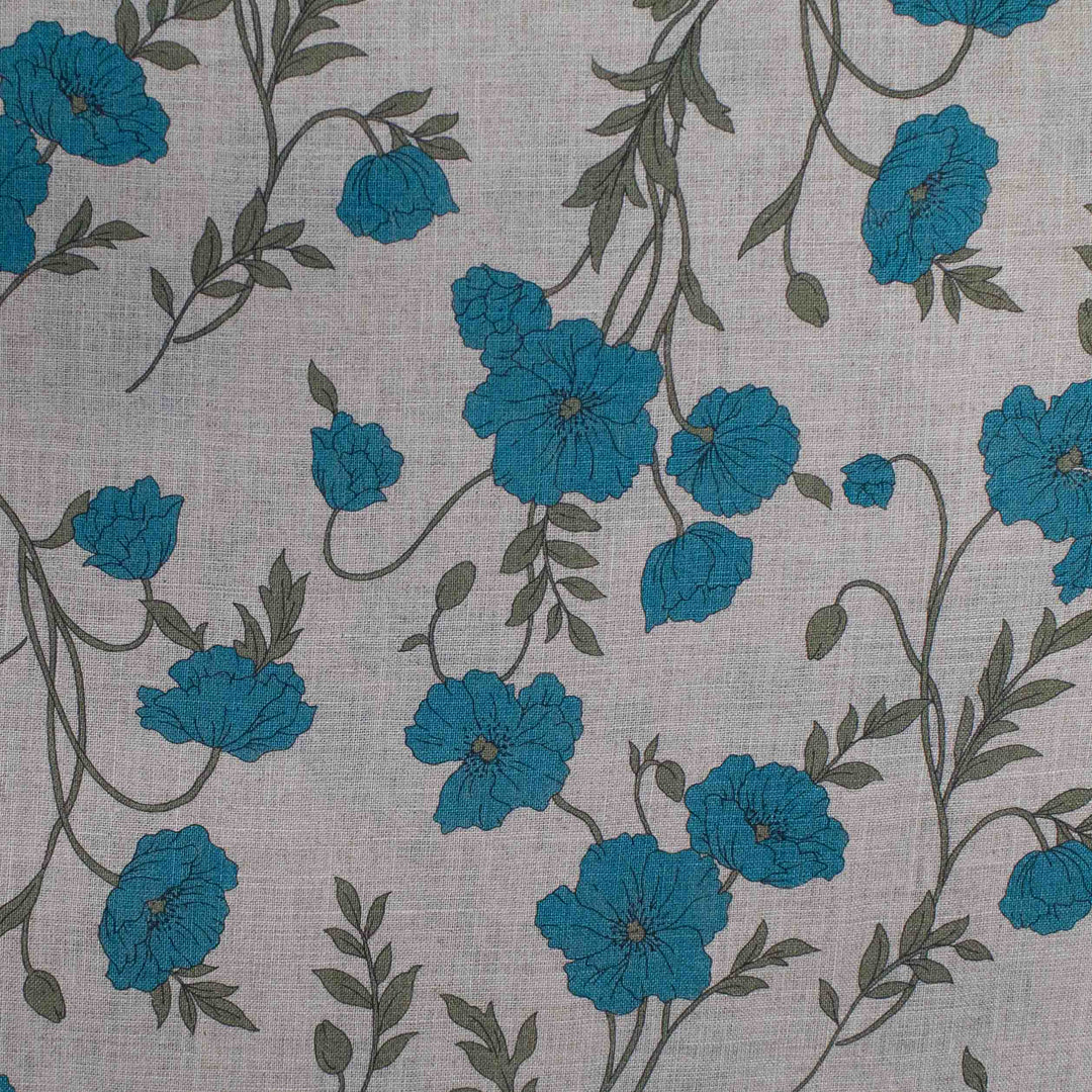 Linen Print - Japanese Poppies in Teal and Sand