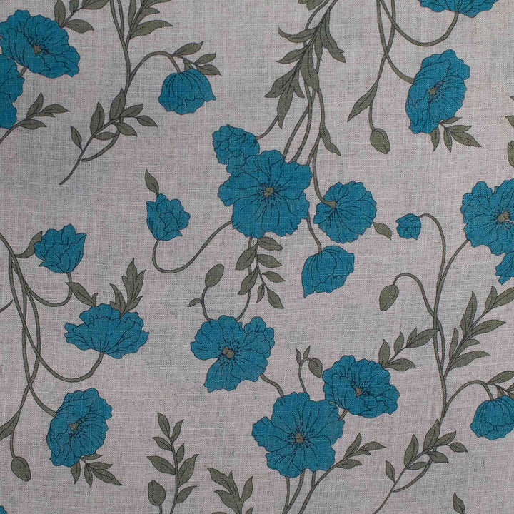 Linen Print - Japanese Poppies in Teal and Sand