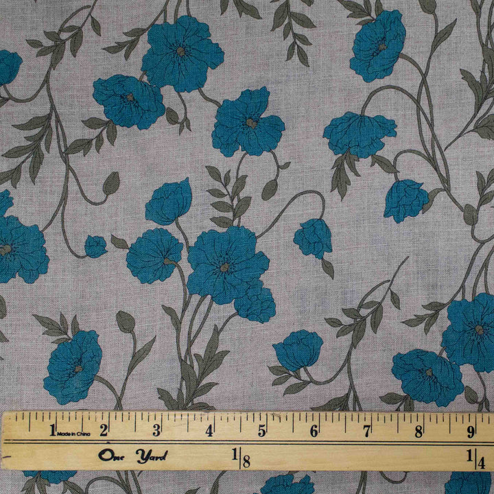 Linen Print - Japanese Poppies in Teal and Sand