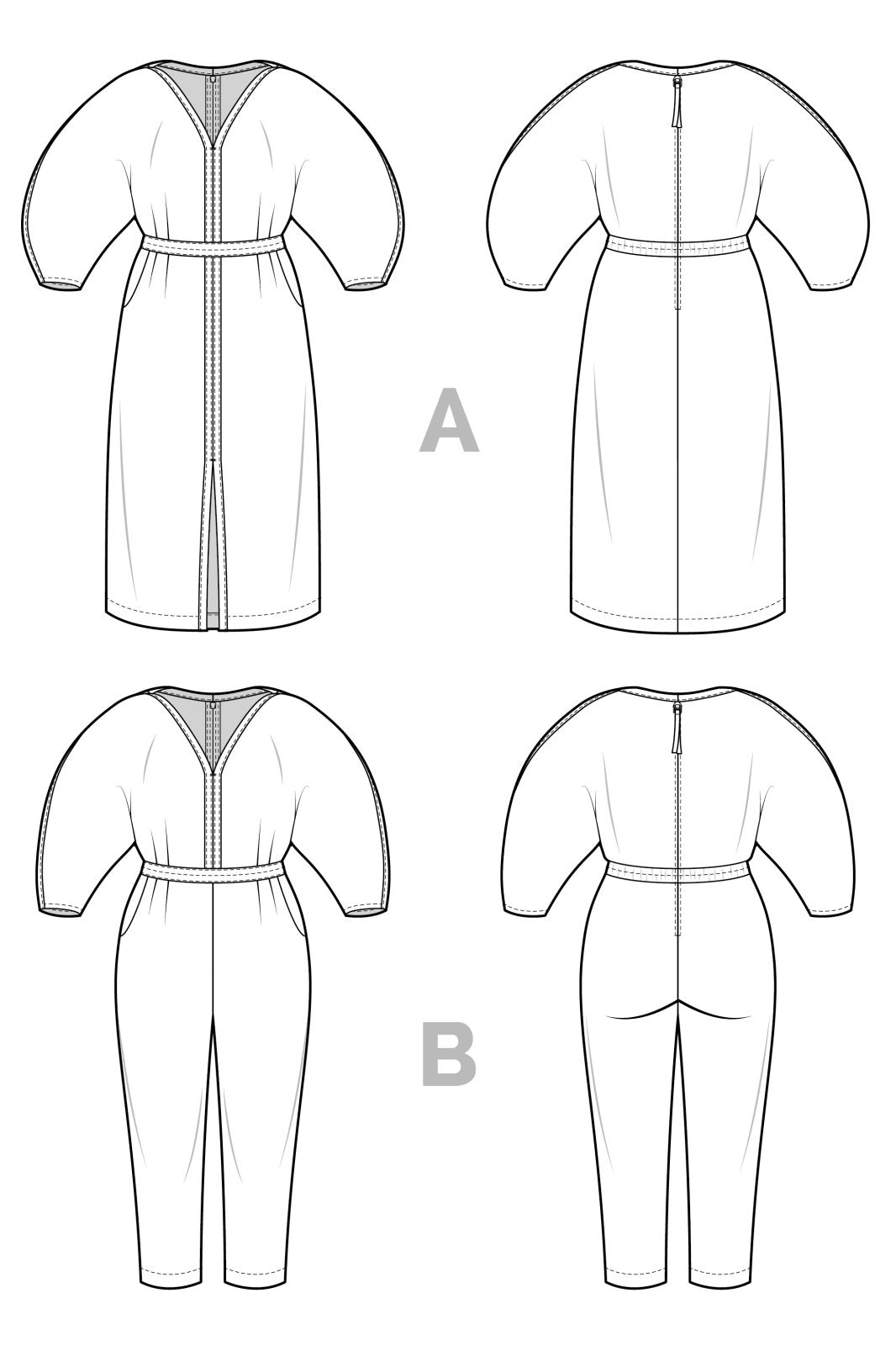 Closet Core Jo Dress + Jumpsuit sewing pattern – V-neck bodice with croissant sleeves and bias-bound slot seam finish