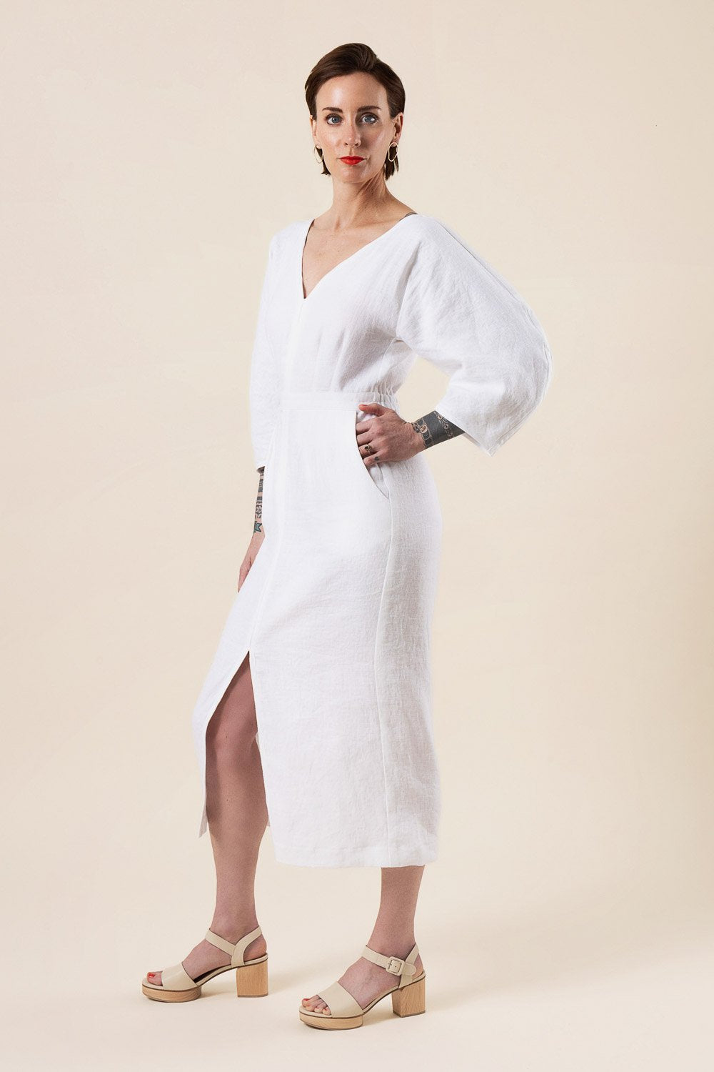 Closet Core Jo Dress + Jumpsuit sewing pattern – V-neck bodice with croissant sleeves and bias-bound slot seam finish