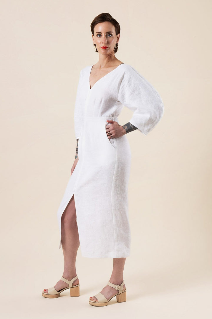 Closet Core Jo Dress + Jumpsuit sewing pattern – V-neck bodice with croissant sleeves and bias-bound slot seam finish