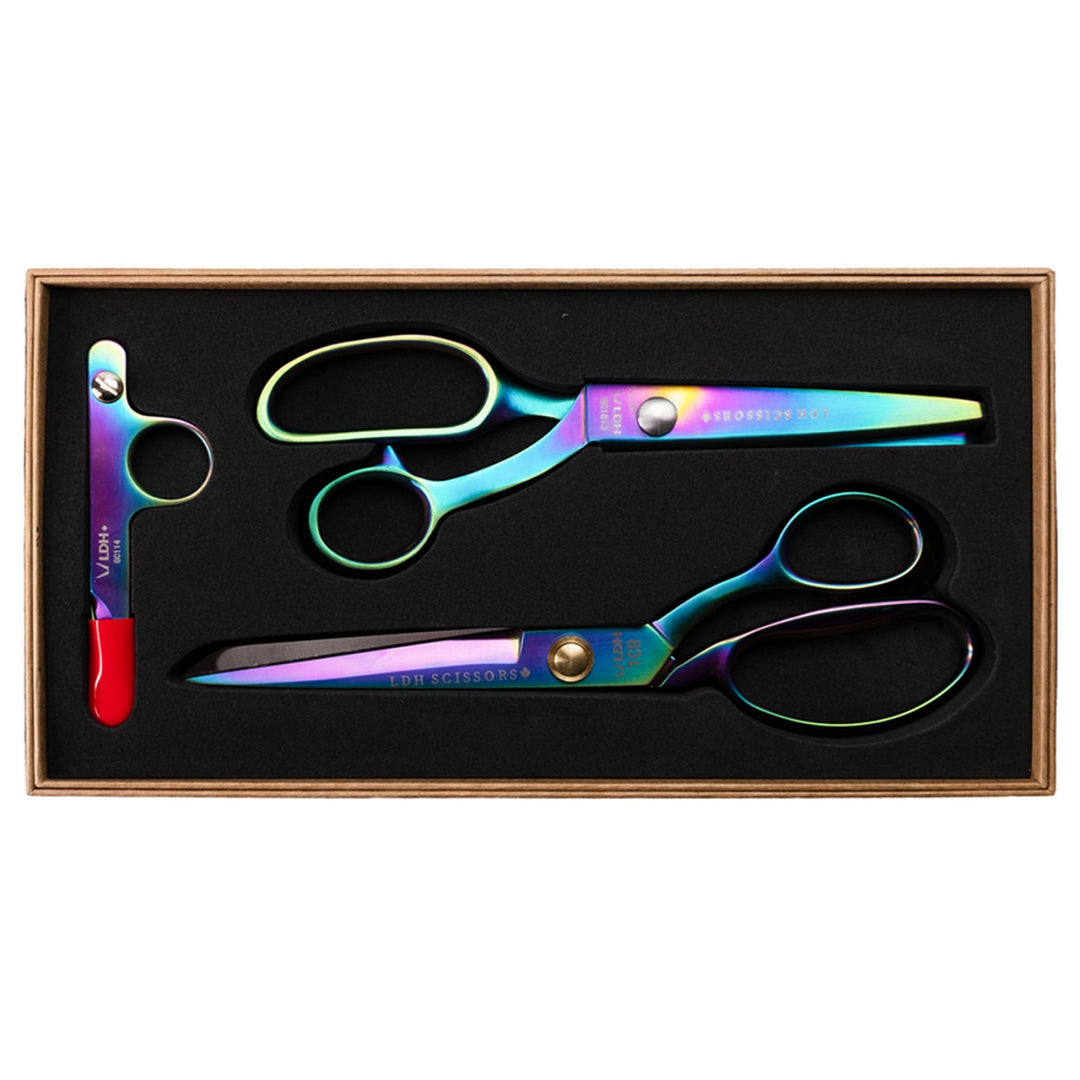 LDH Prism gift set with rainbow fabric shear, pinking shear, and prism thread snip