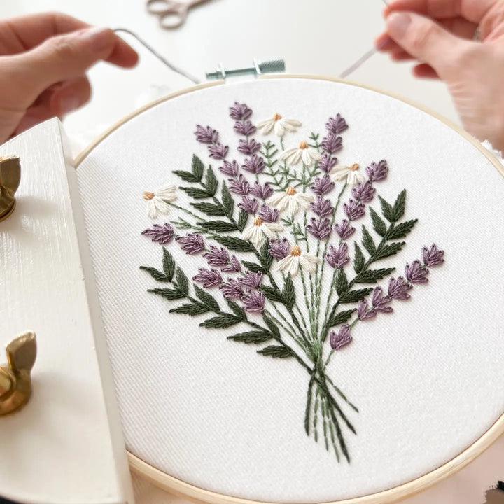 Lavender and Daisies Embroidery Kit, Floral Embroidery Kit