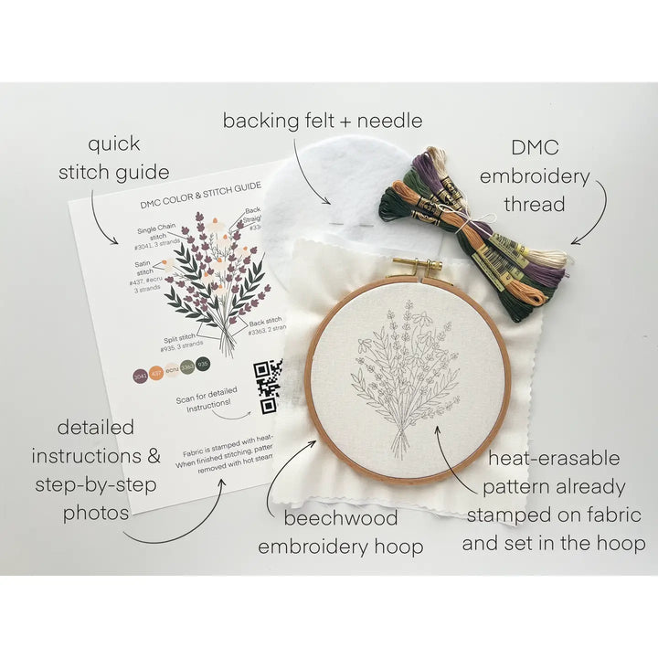 Lavender and Daisies Embroidery Kit, Floral Embroidery Kit