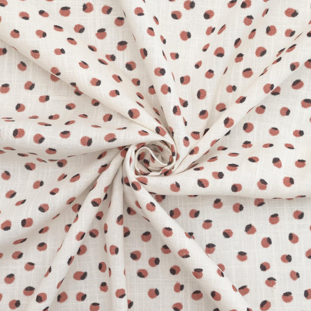 White linen fabric with berry and black dots – 100% linen, 54 inches wide, breathable and durable, ideal for dresses, tops, and skirts