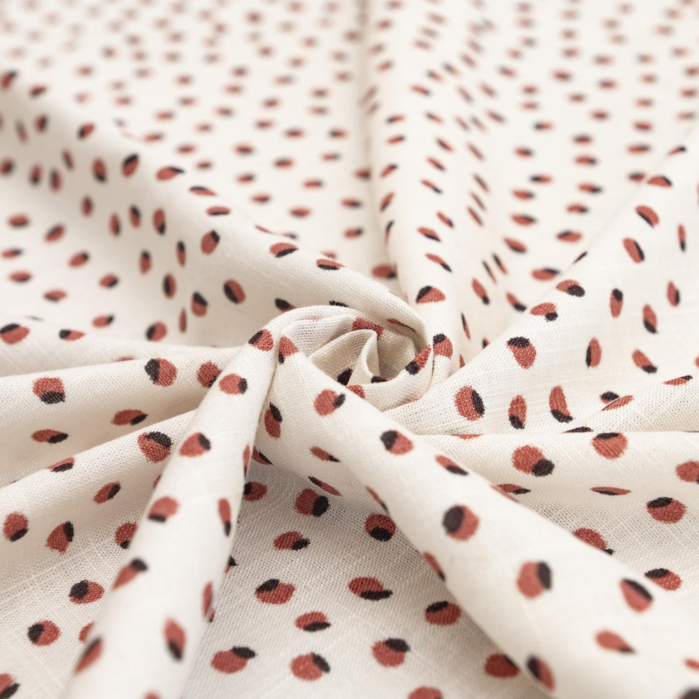 White linen fabric with berry and black dots – 100% linen, 54 inches wide, breathable and durable, ideal for dresses, tops, and skirts