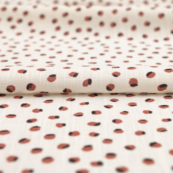 White linen fabric with berry and black dots – 100% linen, 54 inches wide, breathable and durable, ideal for dresses, tops, and skirts