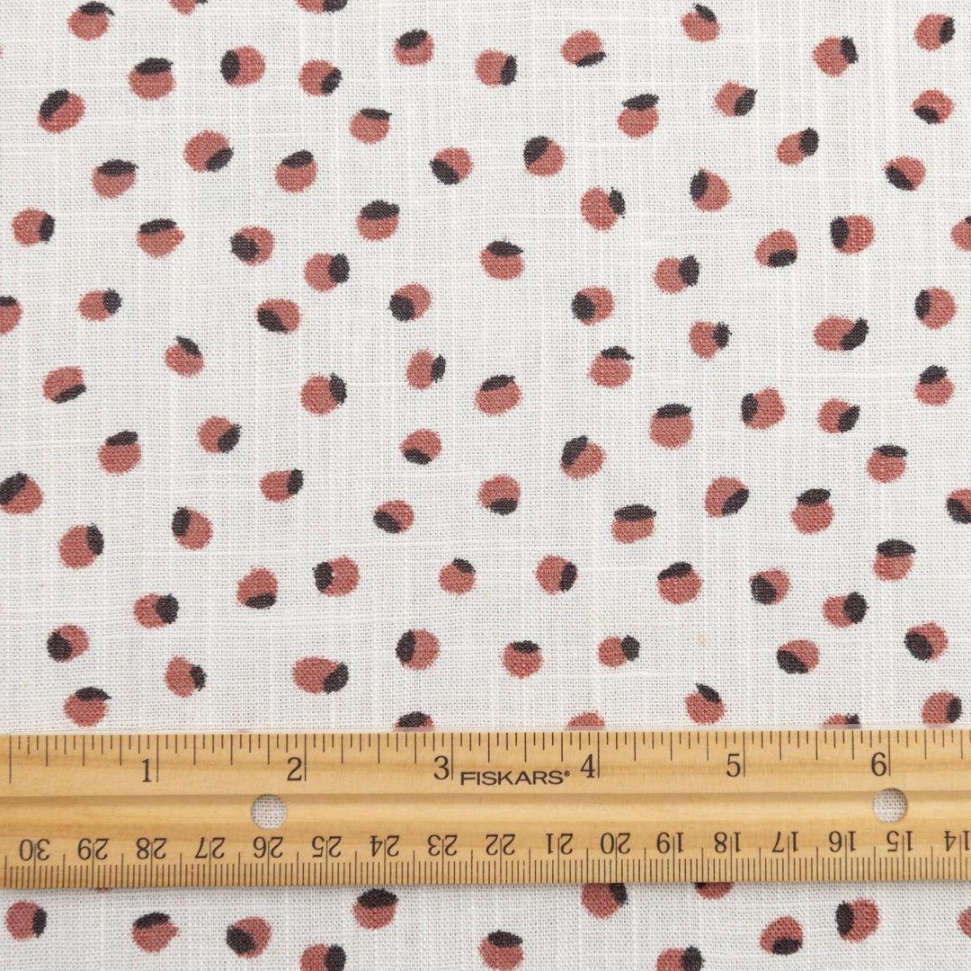 White linen fabric with berry and black dots – 100% linen, 54 inches wide, breathable and durable, ideal for dresses, tops, and skirts
