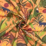 "Italian linen fabric in vibrant orange with jungle print – features monkeys, birds, and deer on lightweight linen, perfect for shirts, dresses, and skirts"

