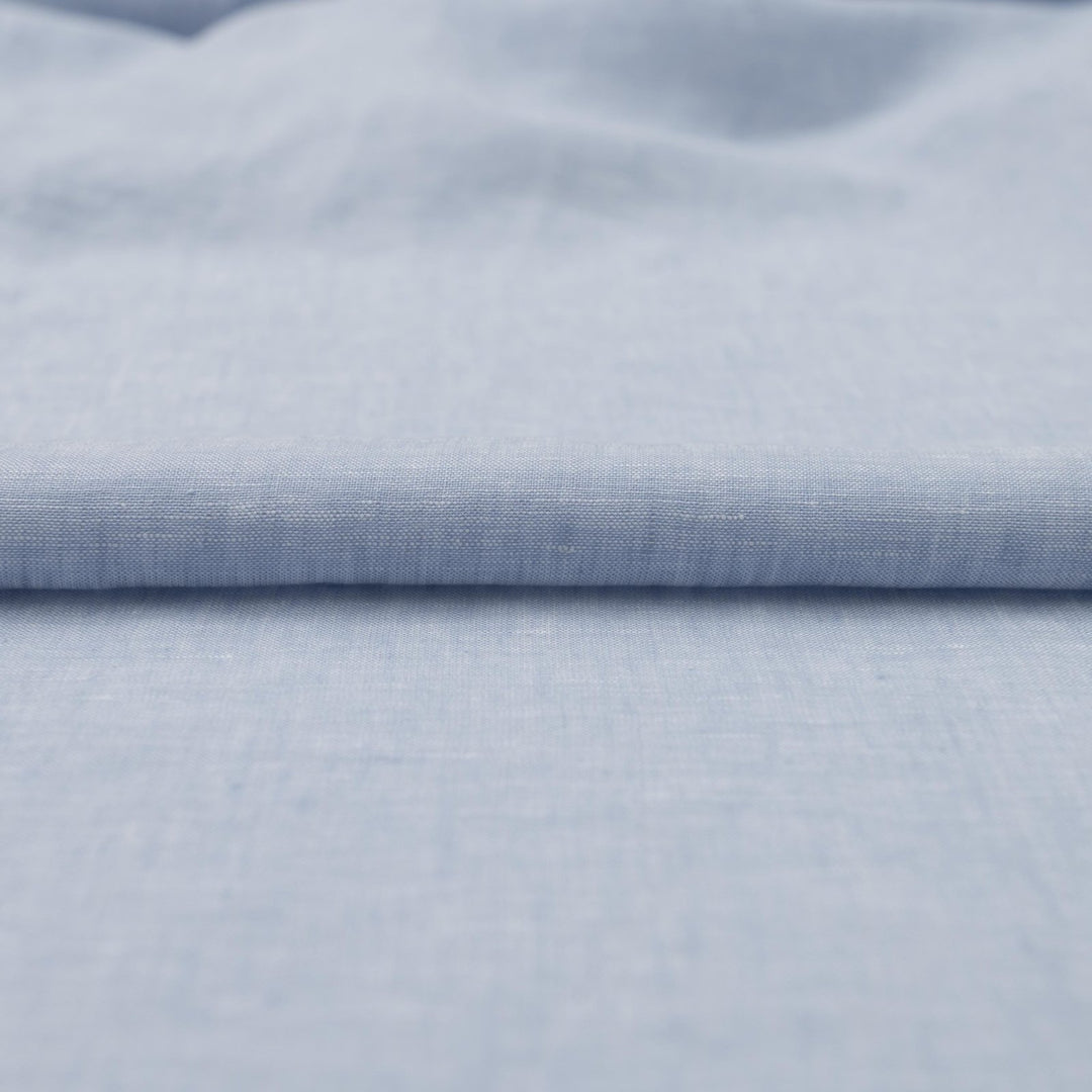 Pale blue chambray linen fabric – lightweight, 100% linen, breathable, 57 inches wide, soft drape for summer dresses and blouses