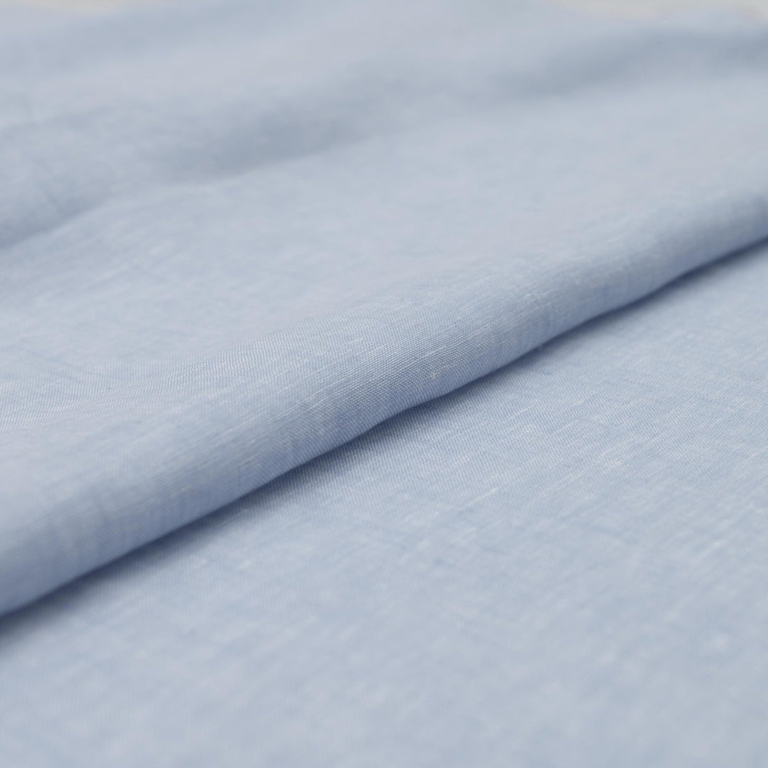 Pale blue chambray linen fabric – lightweight, 100% linen, breathable, 57 inches wide, soft drape for summer dresses and blouses