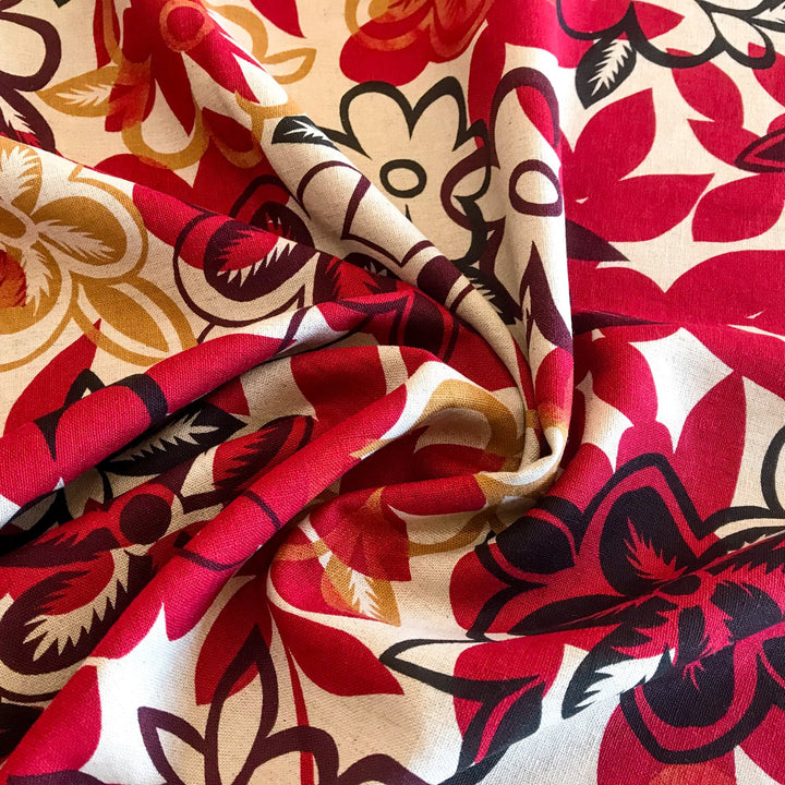 "Linen Red Floral – 100% linen fabric with large red floral print, ideal for dresses, skirts, and tops"

