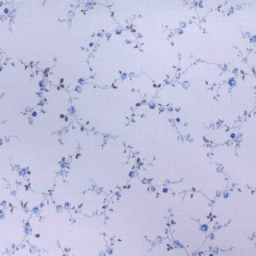 Linen Print - Japanese Branching Wildflowers - Blue on White