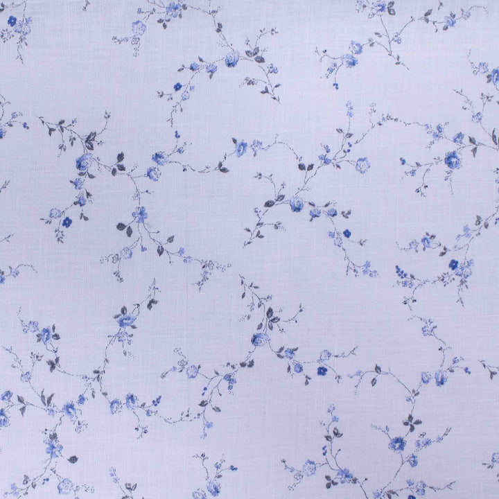 Linen Print - Japanese Branching Wildflowers - Blue on White