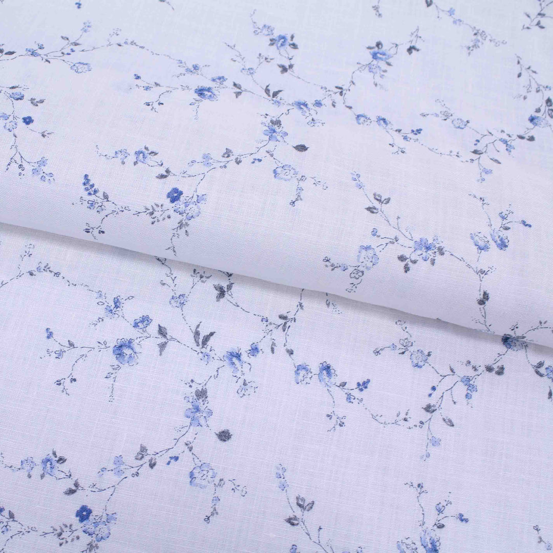 Linen Print - Japanese Branching Wildflowers - Blue on White
