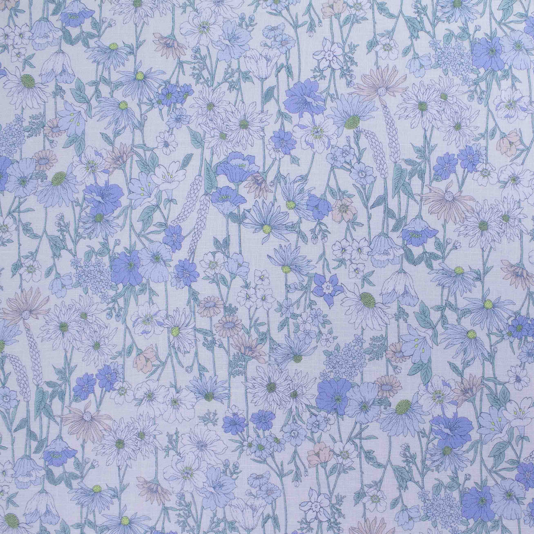 Linen Print - Japanese Floral Long Stems - Blues on Cream