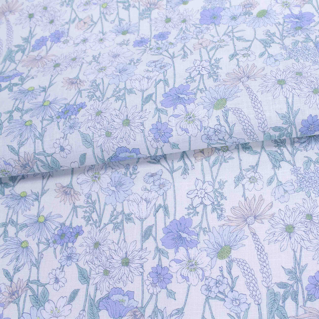 Linen Print - Japanese Floral Long Stems - Blues on Cream