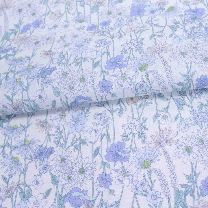 Linen Print - Japanese Floral Long Stems - Blues on Cream