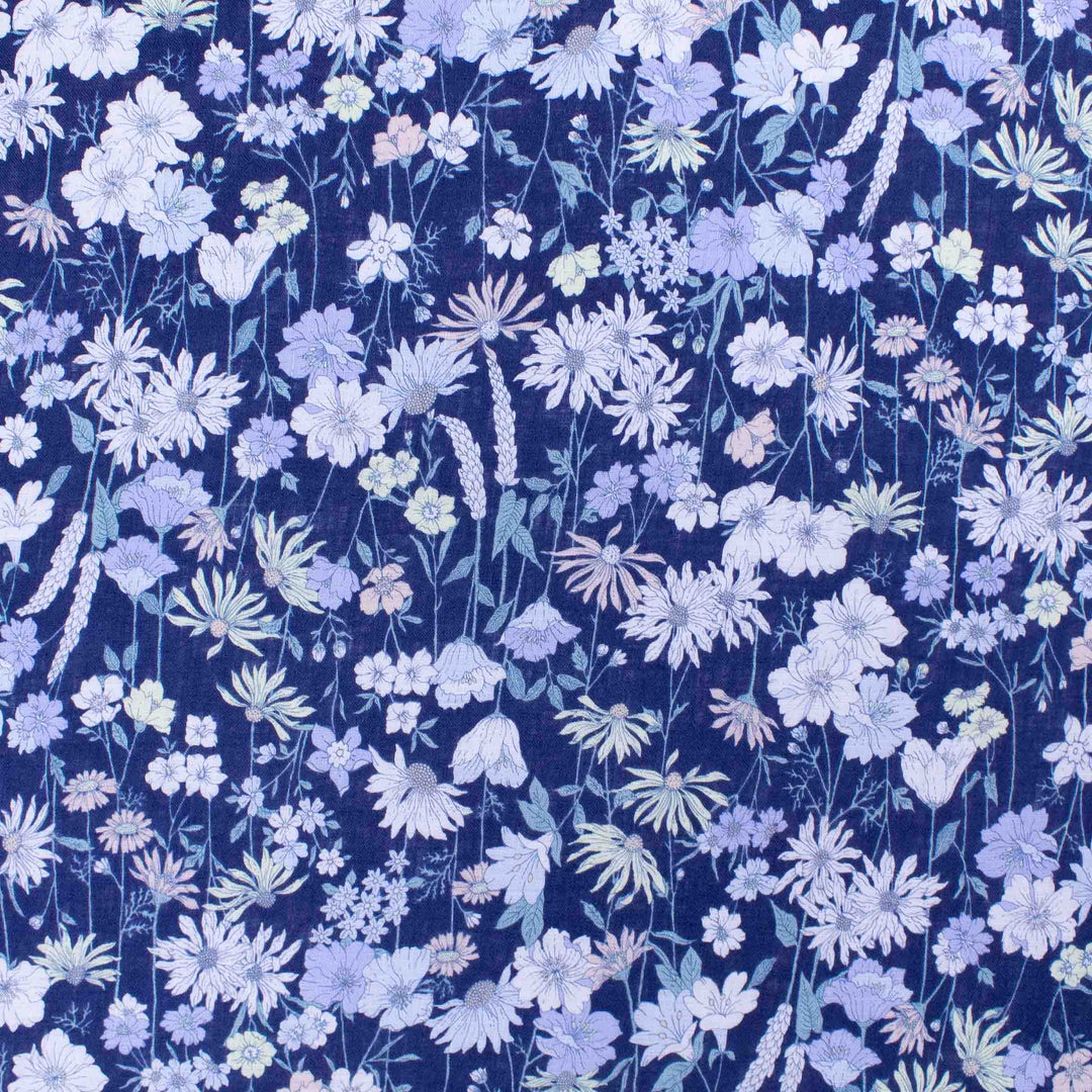 Linen Print - Japanese Floral Long Stems - Lavender on Navy