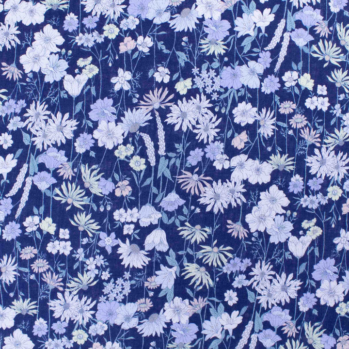 Linen Print - Japanese Floral Long Stems - Lavender on Navy