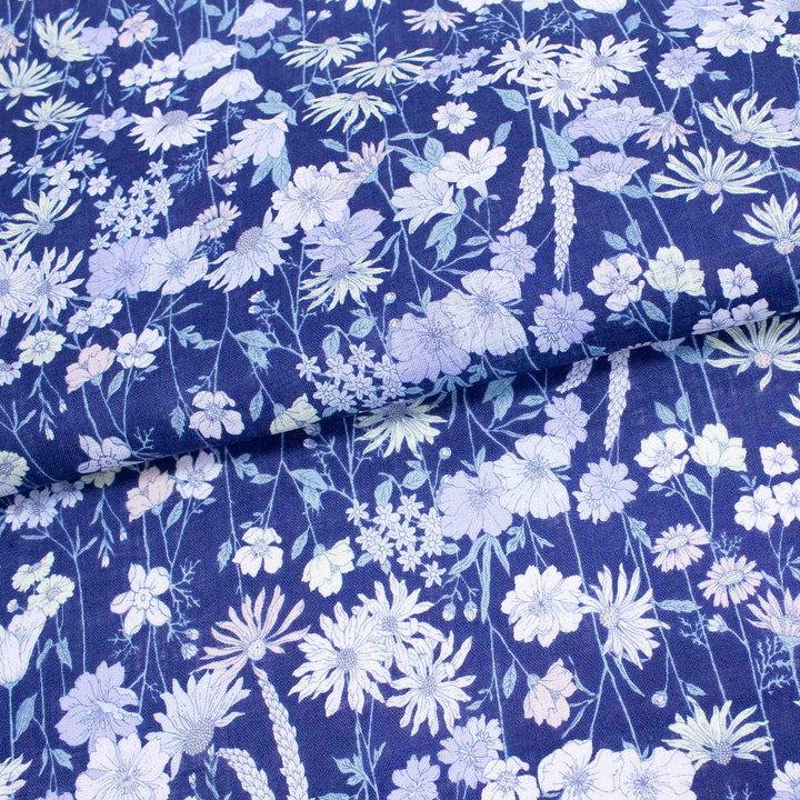Linen Print - Japanese Floral Long Stems - Lavender on Navy