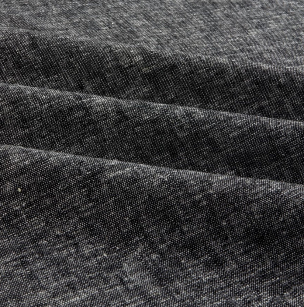 Linen/Rayon Yarn Dye – Black fabric with subtle tonal variation, 55% linen 45% rayon blend, 6 oz medium weight

