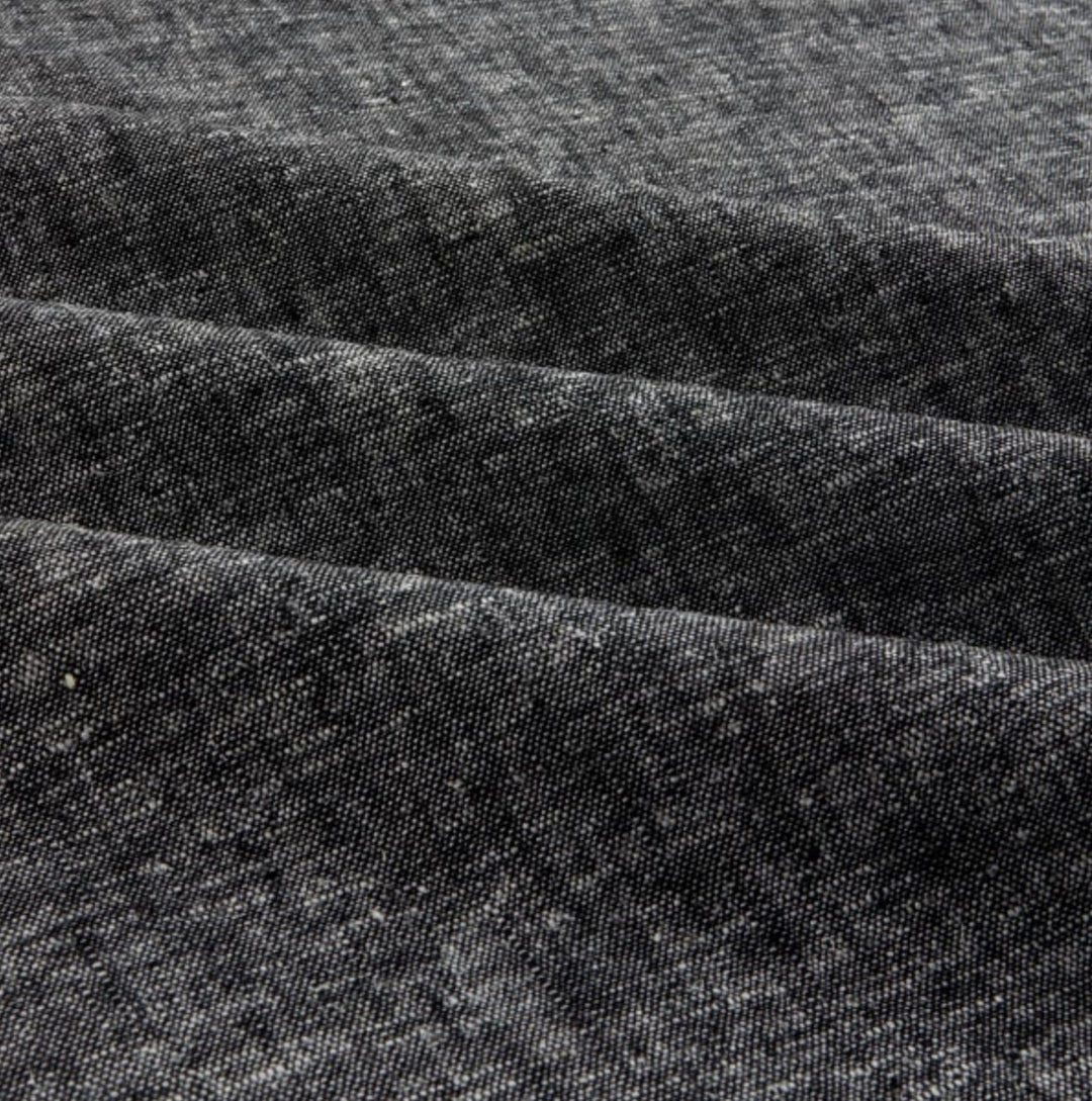 Linen/Rayon Yarn Dye – Black fabric with subtle tonal variation, 55% linen 45% rayon blend, 6 oz medium weight

